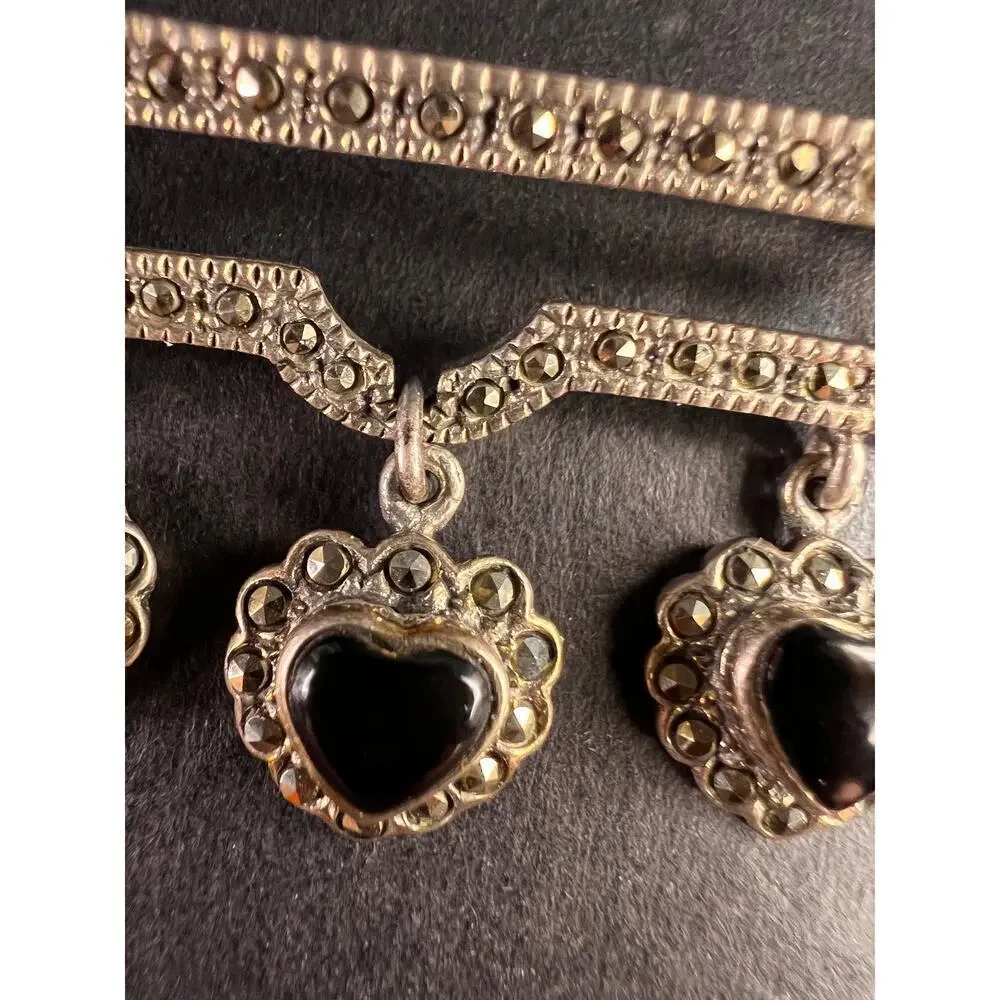 Vintage black onyx hearts and marcasite sterling silver pin brooch - Picture 7 of 11